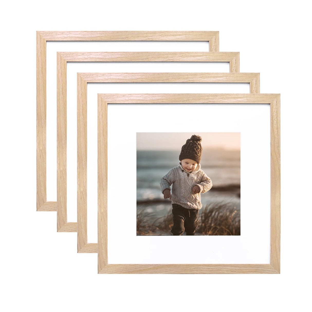 KINLINK 12x12 Picture Frame, Natural Square Solid Wood Frames for Pictures 8x8 with Mat or 12x12 without Mat, Wall Display Photo Frames Natural Wood 4 Pack KINLINK