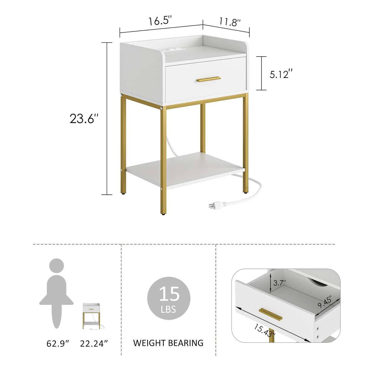 Aienvey Nightstand with Charging Station,Bedside Table with Drawer and 2 Shelf Storage, Small Side Table, Modern White Night Stand, Tall End Table for Bedroom, Living Room Aienvey