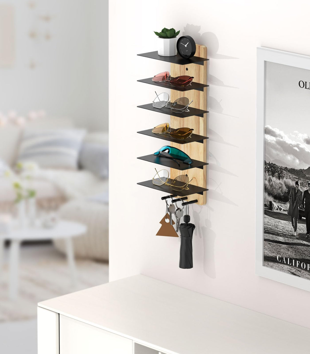 MoKo Sunglass Organizer Storage Rack, 6 Tiers Rustic Wood Sunglasses Display Rack with 3 Hooks, Wall Mounted Sunglass Storage for Entryway Living Room Bedroom, Wood + Black MoKo