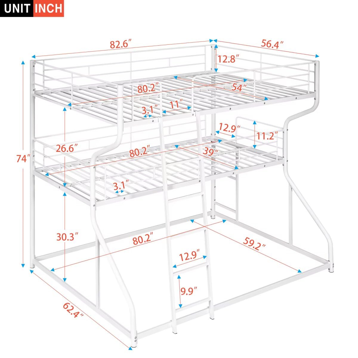 JIJIWANG Full XL Over Twin XL Over Queen Size Triple Bunk Bed with Long and Short Ladder, Unique Curved Metal Frame with Safety Guardrail, Industrial Style Triple Bunk Bed Frame, White JIJIWANG