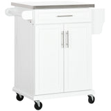 HOMCOM Kitchen Island on Wheels, Rolling Kitchen Cart with Stainless Steel Countertop, Drawer, Towel Rack and Spice Rack, Utility Storage Trolley, White HOMCOM