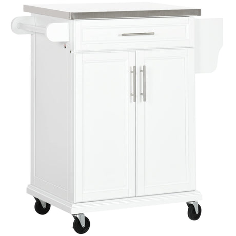HOMCOM Kitchen Island on Wheels, Rolling Kitchen Cart with Stainless Steel Countertop, Drawer, Towel Rack and Spice Rack, Utility Storage Trolley, White HOMCOM