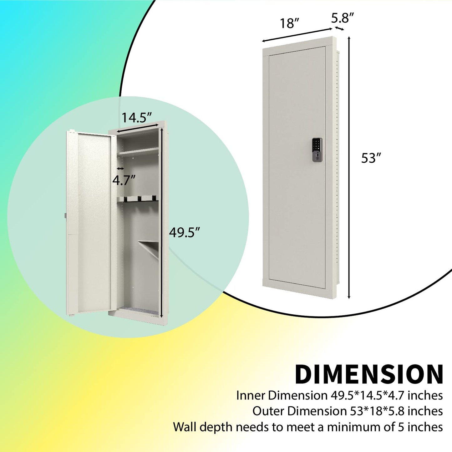 53" Tall Wall Gun Safe Between Stud, Hidden In Wall Rifle Safes Heavy Duty Cabinet Safe Wall Long Gun Safe for Home with Removable Shelf & Digital Keypad, Security Wall Safe for Guns Money Valuables