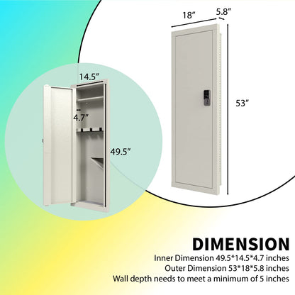 53" Tall Wall Gun Safe Between Stud, Hidden In Wall Rifle Safes Heavy Duty Cabinet Safe Wall Long Gun Safe for Home with Removable Shelf & Digital Keypad, Security Wall Safe for Guns Money Valuables