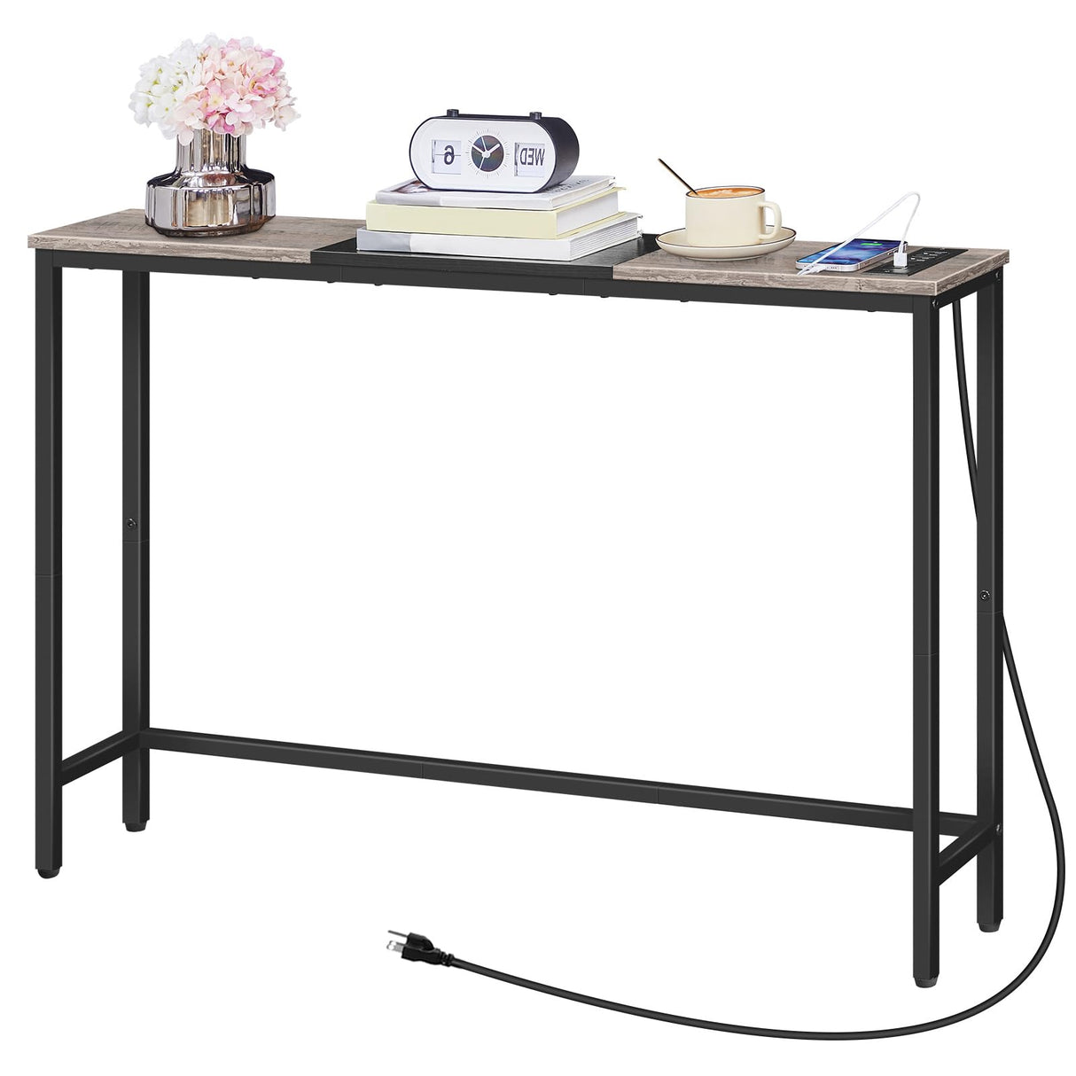 HOOBRO Narrow Console Table with Power Outlets, 44.9-Inch Sofa Table, Slim Behind Couch Table, Entryway Display Shelf, for Living Room, Foyer, Hallway, Greige and Black BG114UXG01 HOOBRO
