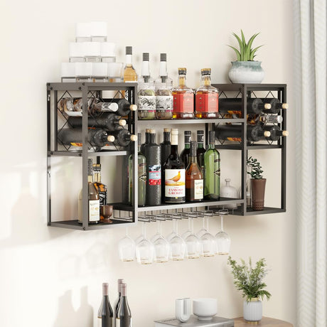 KaKaBB Metal Wall Mounted Wine Rack 2 Tier, Bar Shelves for Liquor Bottles with Glass Holder Storage, Floating Liquor Wall Shelf for Home Bar Kitchen Dining Room (Black) KaKaBB