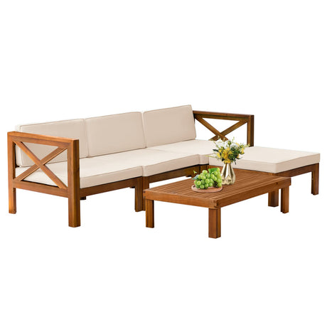 5-Piece Acacia Wood Outdoor Sofa Set Patio Bistro Set Furniture Outdoor Chat Conversation Table Chair Set with Water Resistant Cushions and Coffee Table for Beach Backyard Garden PayLessHere