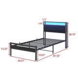 BOFENG Black Twin Bed Frame with Wood Headboard Storage,USB Charging Station/LED Lights,Metal Single Platform Bed Frame Twin Size No Box Spring Needed,Heavy Duty Metal Slats,Mattress Base,Noise Free BOFENG
