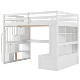 Full Size Loft Bed with Stairs and Desk, Wood Loft Beds Frame with Storage Drawers and Bookcase Shelves for Adults Teens Kids, White Bellemave