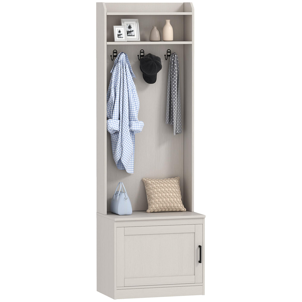 HOMCOM Narrow Hall Tree with Shoe Storage Bench, Rustic Entryway Bench with Coat Rack, Accent Coat Tree with Storage Shelves for Hallway, Mudroom, White Wood Grain HOMCOM