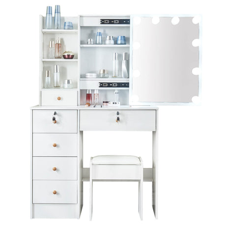 Kkonetoy Makeup Vanity with Lights, Vanity Desk with Sliding Mirror and 10 LED Lighted Bulbs, White Modern Dressing Table with 5 Drawers for Bedroom Kkonetoy