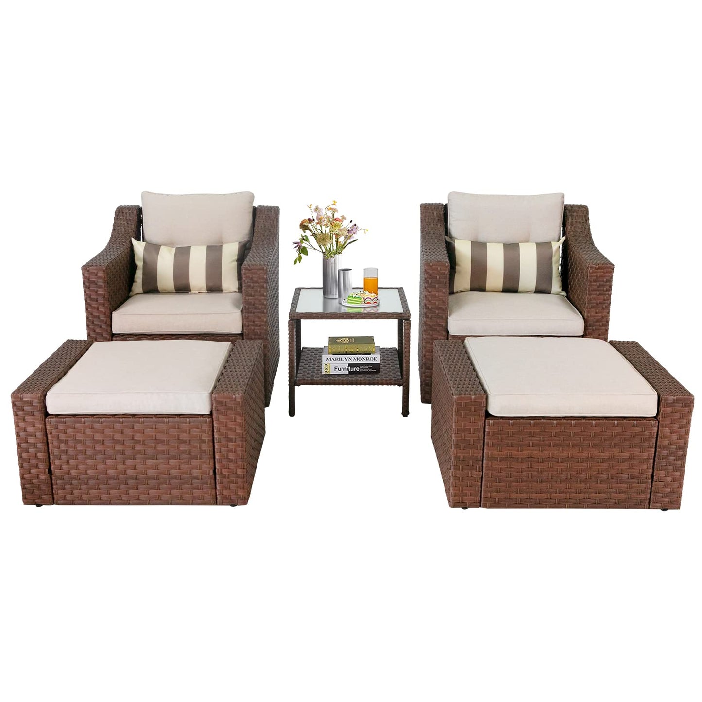 Crownland 5 Pieces Wicker Patio Conversation Set All Weather Outdoor Wicker Lounge Chair and Ottoman Conversation Set with Coffee Table & Cushions (Brown)