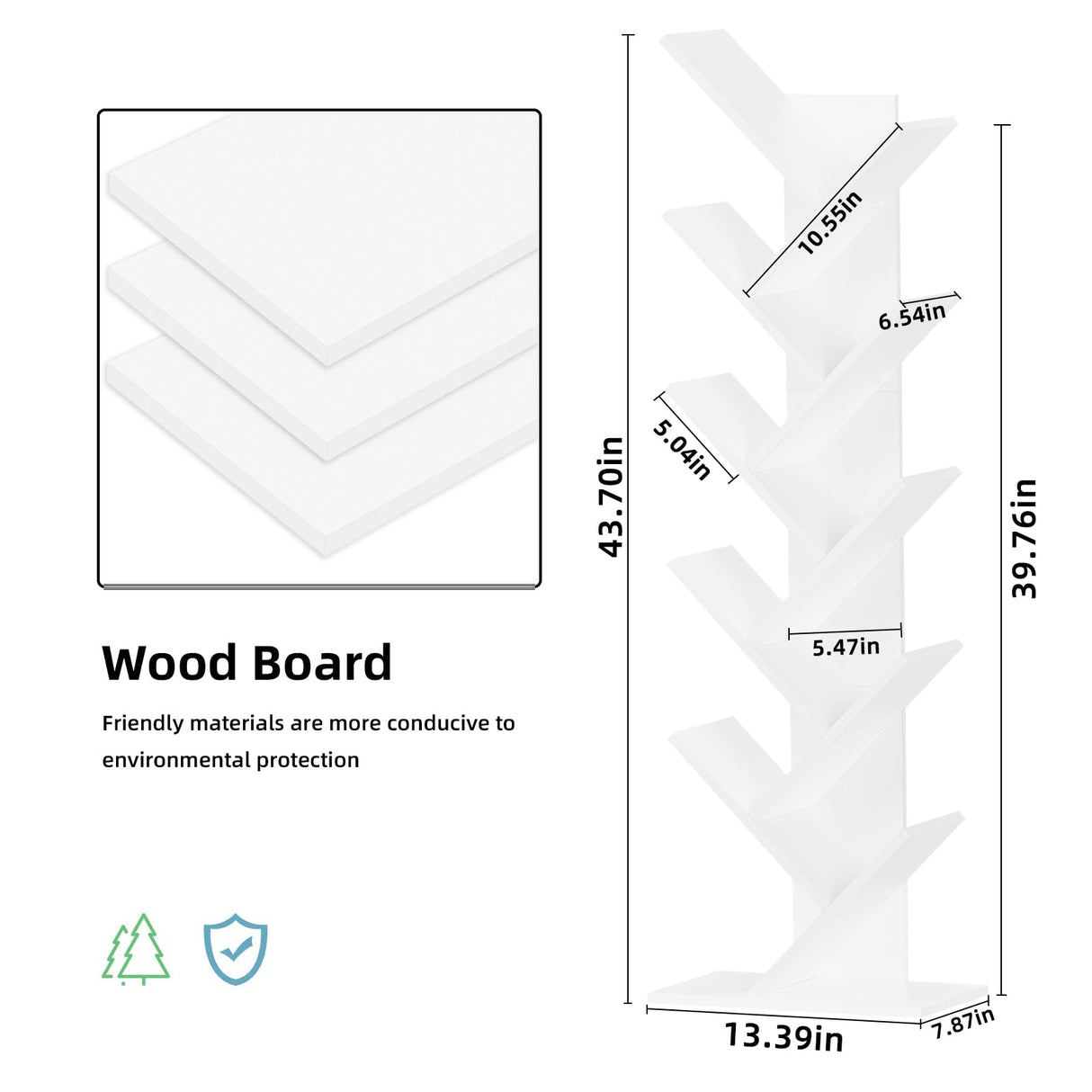 SHEEPAM 10 Tier Tree Book Shelf, Floor Standing Wood Bookshelf for Narrow Space, Storage Organizer Bookshelves for Books/CDs/Magazine, Bookcase with Shelves for Home Office, Living Room - White SHEEPAM