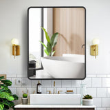 Movo 24 Inch x 30 Inch Black Metal Framed Bathroom Mirror Medicine Cabinet Rectangle Tilting Beveled Vanity Mirrors Recess or Surface Mount Installation Movo