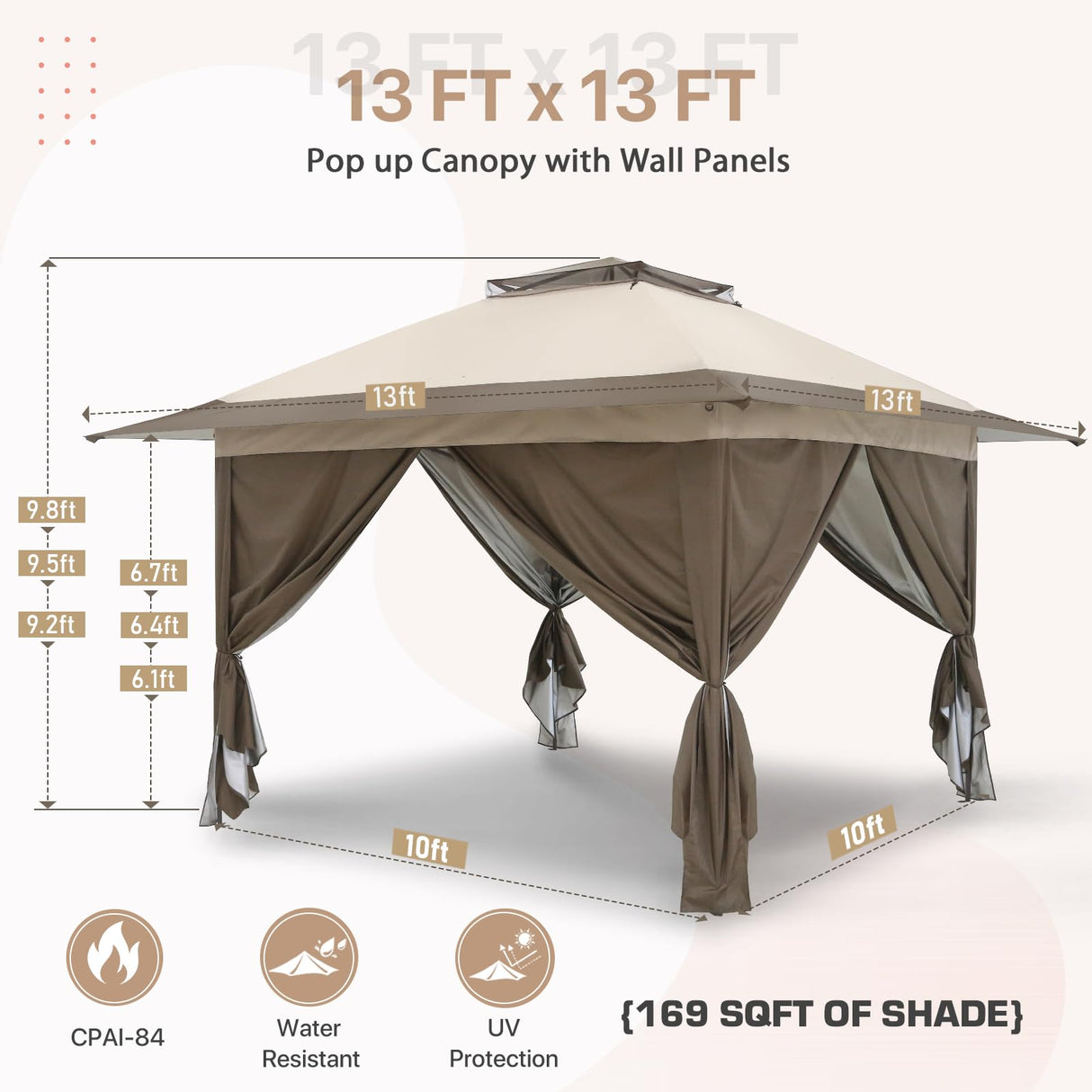 EAGLE PEAK 13x13 Pop Up Gazebo with 4 Wall Panels, Easy Up Canopy for Patio and Backyard, Easy Set up Outdoor Gazebo (Beige/Brown) EAGLE PEAK