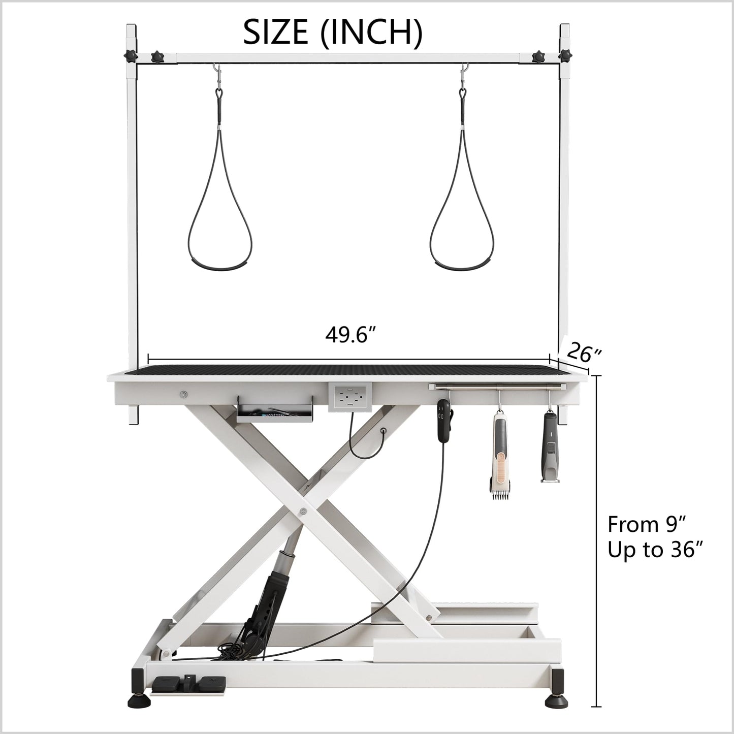 49.6” Electric Lift Pet Grooming Table | Adjustable Height | Heavy Duty Design | Overhead Arm | Non-slip Surface | Professional Grade | Ideal for Dogs & Cats | Black & White Available (WHITE)