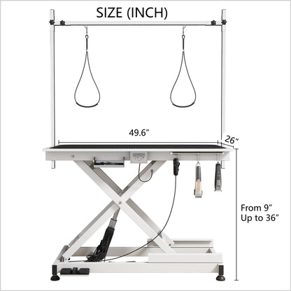 49.6” Electric Lift Pet Grooming Table | Adjustable Height | Heavy Duty Design | Overhead Arm | Non-slip Surface | Professional Grade | Ideal for Dogs & Cats | Black & White Available (WHITE)