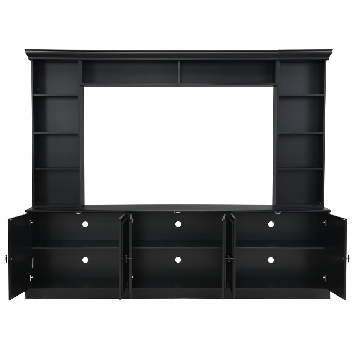 SOFTSEA 4-Piece Wall Unit Entertainment Center with Bookshelves for TVs up to 70", Modern TV Stand with 6 Doors & Adjustable Shelves, Large Media Center with Display Cabinet for Living Room, Black SOFTSEA