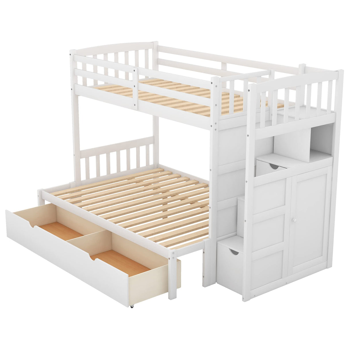 Merax Twin Over Full/Twin Wood Bunk Bed with Storage Shelves and Drawers, Wooden Convertible Bed Frame for Bedroom, No Spring Box Needed, White Merax