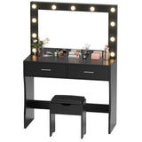 YESHOMY Vanity Desk with Mirror, Makeup Table with 11 Adjustable LED Lights and 2 Spacious Drawers, Soft-Padded Storage Stool, 3 Lighting Modes with Control, for Bedroom, Black YESHOMY