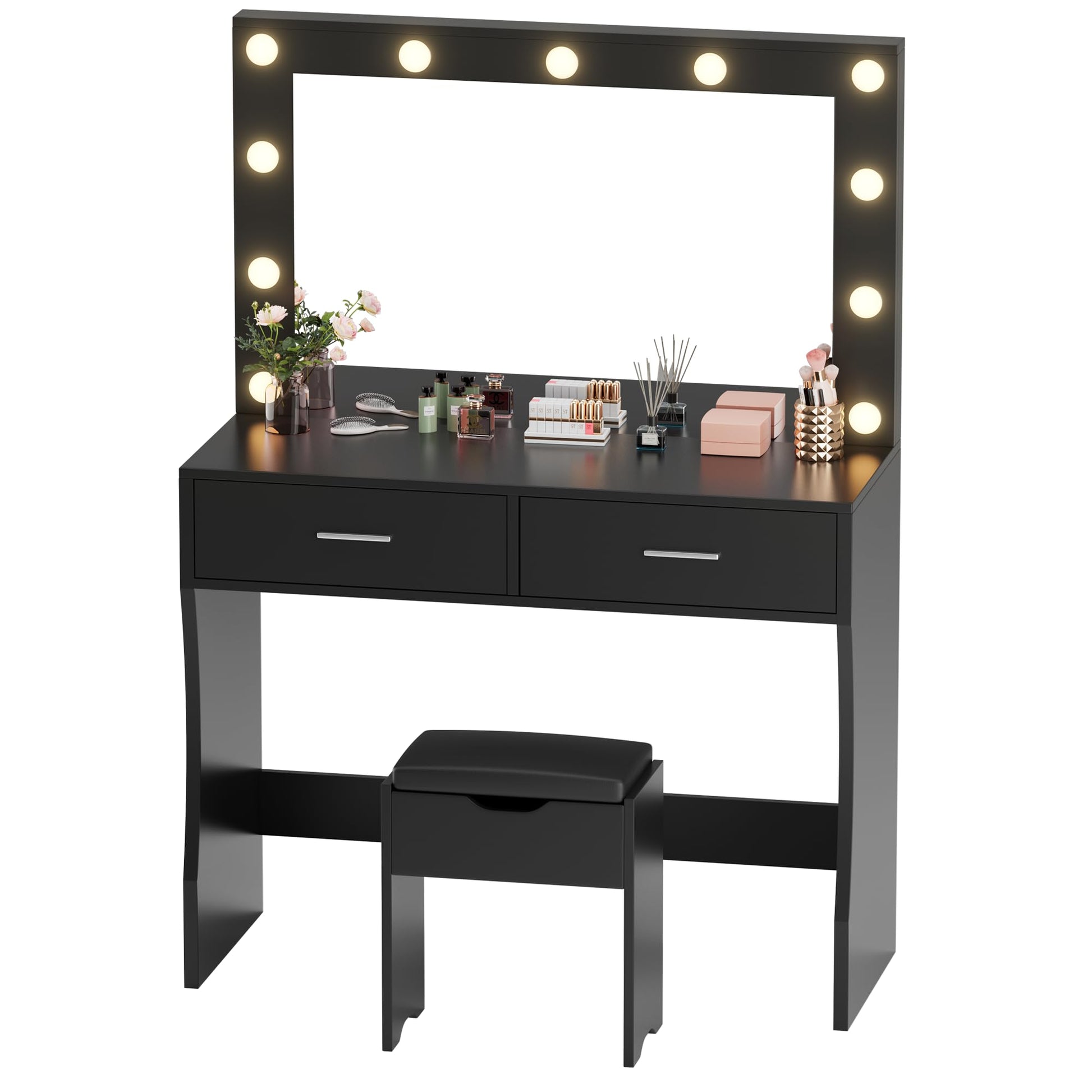 YESHOMY Vanity Desk with Mirror, Makeup Table with 11 Adjustable LED Lights and 2 Spacious Drawers, Soft-Padded Storage Stool, 3 Lighting Modes with Control, for Bedroom, Black - WoodArtSupply