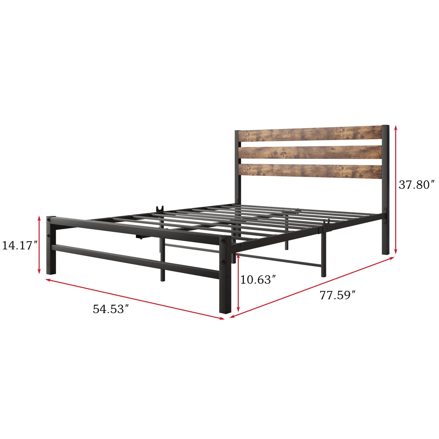 VERFARM Rustic Vintage Full Metal Platform Bed Frame with Wooden Headboard - No Box Spring Needed, Noise-Free, Easy Assembly - WoodArtSupply