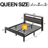 LOEWAY Queen Size Bed Frame with LED Lights and Charging Station, Industrial Platform Bed with Storage Headboard, Heavy Duty Metal Slats, No Box Spring Need, Noise Free, Grey LOEWAY