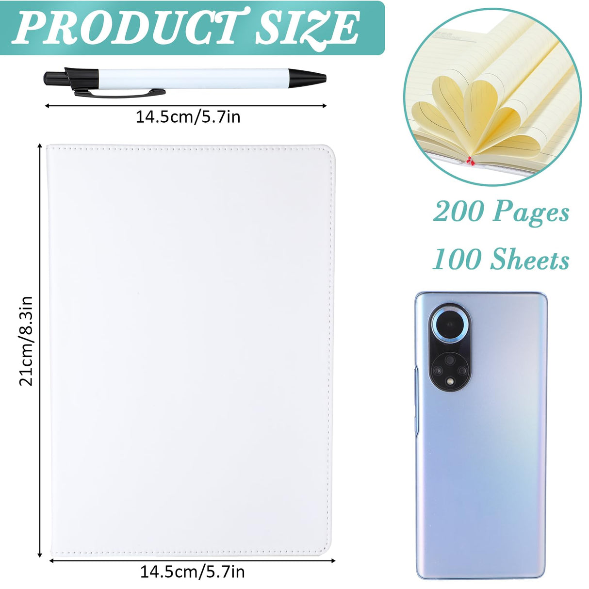 Honoson 9 Pcs Sublimation Journal Pen Set Include 3pcs A5 200 Pages Sublimation Journal 8.3''x 5.7'' White Journal 6 Pcs Sublimation Pens Stationery Supplies for Church Office Travel Supplies Honoson