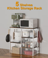 Artibear 4-Tier Kitchen Microwave Oven Stand, Adjustable Coffee Bar Station for Small Appliance, Baker's Rack with 4 Hooks & 5 Storage Shelves, Utility Rack for Kitchen, Living Room, Office, White Artibear