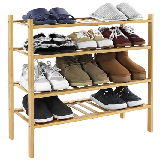 WKWKER 4-Tiers Bamboo Shoe Rack Stackable Free Standing Shoe Racks Portable Shoe Storage Organizer Stackable Shelf for Entryway Hallway Living Room Bedroom Balcony Doorway (Natural Color)