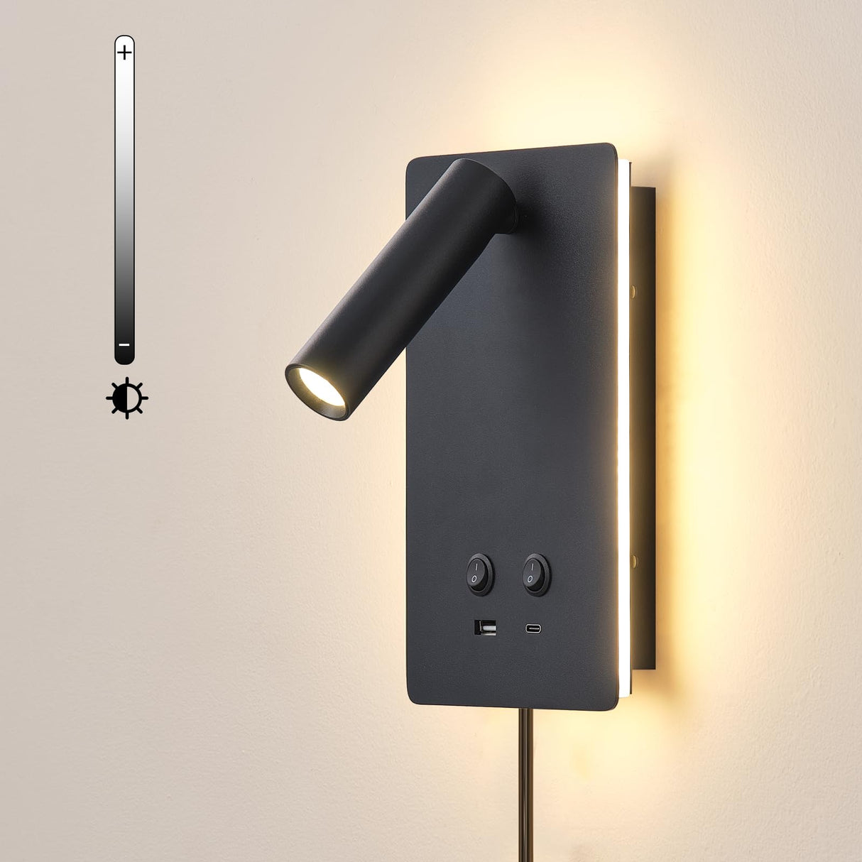 LED Reading Light Wall Mounted Lamp with 3 Brightness Dimmable & USB C+A Ports, Black Bedside Wall Lamps for Bedroom, Wall Sconce with Switch, Bed Lights for Headboard, Hotel, Bunk Bed, Dorm MOLUOLA LIGHTING