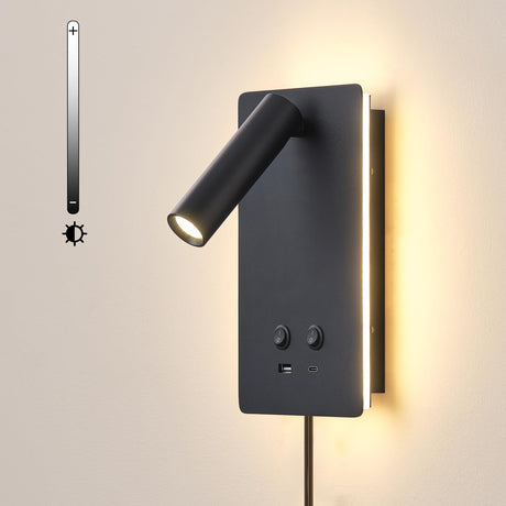 LED Reading Light Wall Mounted Lamp with 3 Brightness Dimmable & USB C+A Ports, Black Bedside Wall Lamps for Bedroom, Wall Sconce with Switch, Bed Lights for Headboard, Hotel, Bunk Bed, Dorm MOLUOLA LIGHTING