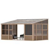 EROMMY 10' x 16' Sunroom, Wall Mounted Gazebo Solarium with Drainage Trough, Polycarbonate Roof, Lean to pergola for Garden, Permanent Sun Room with Lockable Sliding Doors, Brown EROMMY