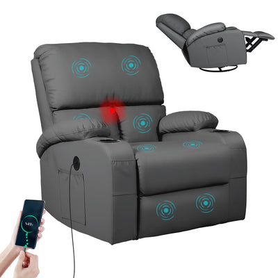 Rocking Recliner Chair, Massage Rocker Recliner Chair with Vibration Massage and Heat, USB and Type-C Ports,360° Swivel Faux Leather Chairs, Living Room, Bedroom, Nursery, RV, Dark Grey