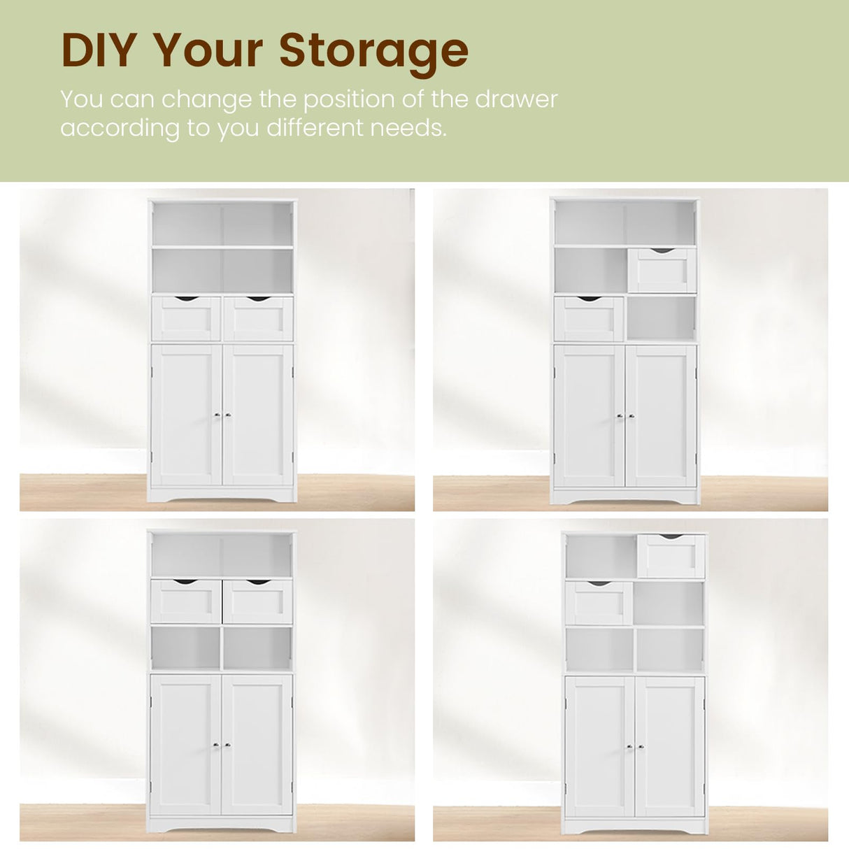 Iwell Tall Bathroom Cabinet, Storage Cabinet with 2 Drawers & Adjustable Shelves, Bathroom Storage Cabinet for Living Room, Dining Room, Entryway, White Iwell