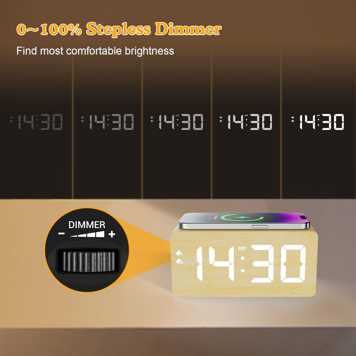 URAYCO Wood Digital Alarm Clock with 10W Fast Wireless Charger, USB Charging Ports, DST, Dimmable, Snooze, Large Number LED Display for Bedrooms, Desk, Living Room Table, Bedside, Nightstand (Bamboo) URAYCO