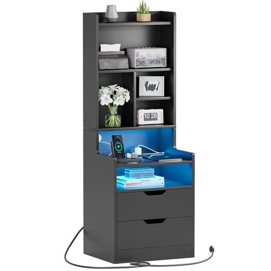 ADORNEVE Tall Night Stand with Charging Station and LED Lights,Nightstand with Bookshelf,Bedside Table with Drawers & Power Outlets,End Side Table for Bedrooms (Black)