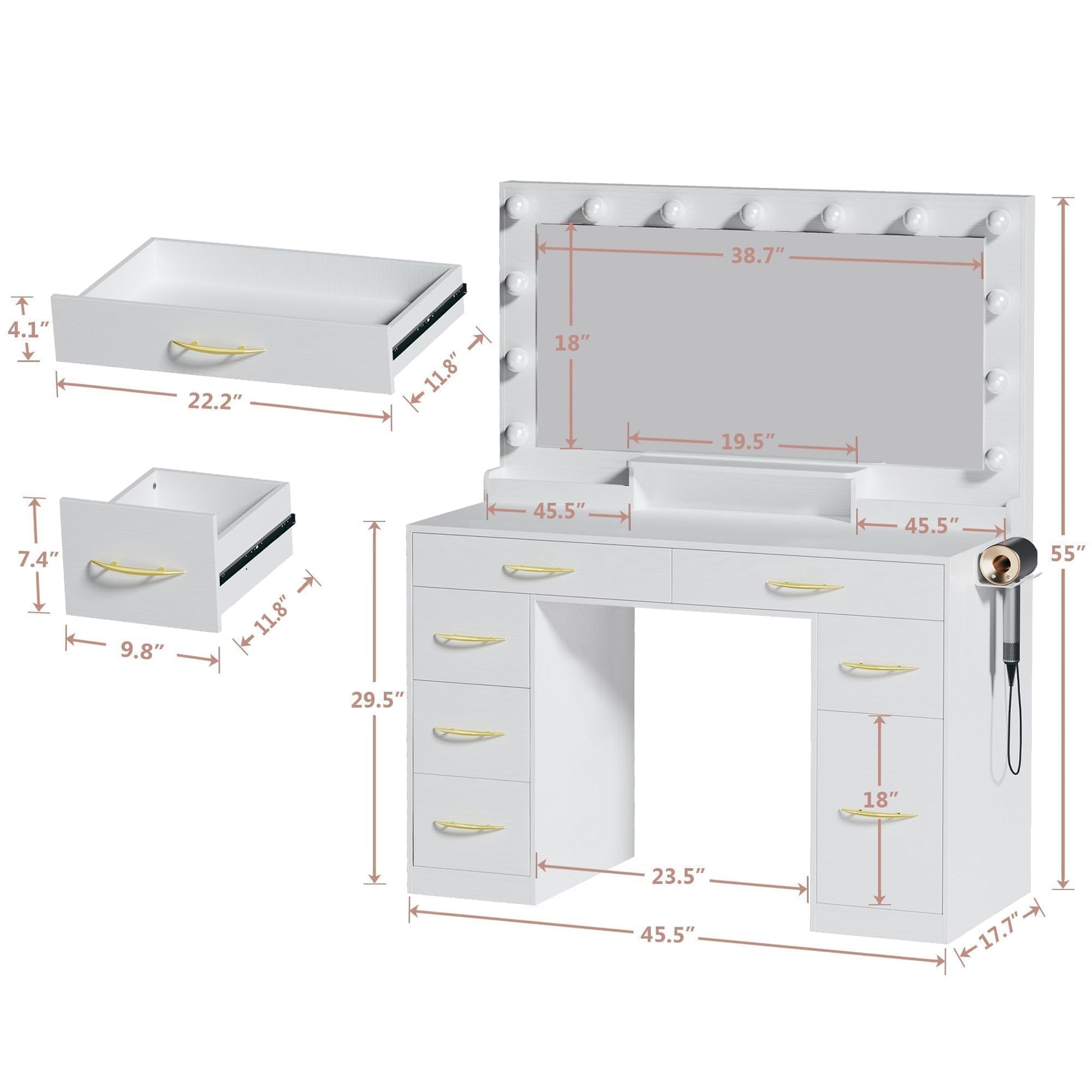 HUAHUU Makeup Vanity Desk with Lights, Vanity Desk with Large Mirror, White Vanity with Outlets Large Drawers & Storage, 3 Lighting Color Adjustable, Bedroom Dressing Table - WoodArtSupply