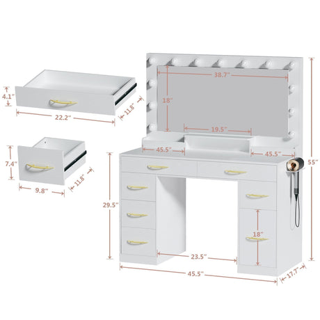 HUAHUU Makeup Vanity Desk with Lights, Vanity Desk with Large Mirror, White Vanity with Outlets Large Drawers & Storage, 3 Lighting Color Adjustable, Bedroom Dressing Table HUAHUU