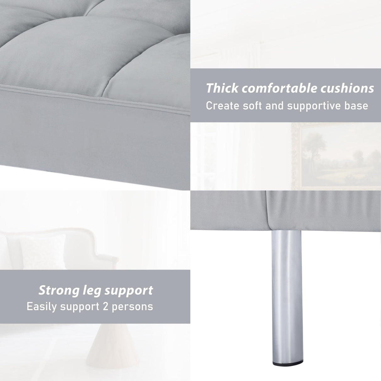 Modern Velvet Futon Sofa Bed,Convertible Sleeper Loveseat with 4 Folding Backrest,78" Comfy Deep Seat Cloud Couch Bed for Living Room Apartment Office (Light Grey) Majnesvon