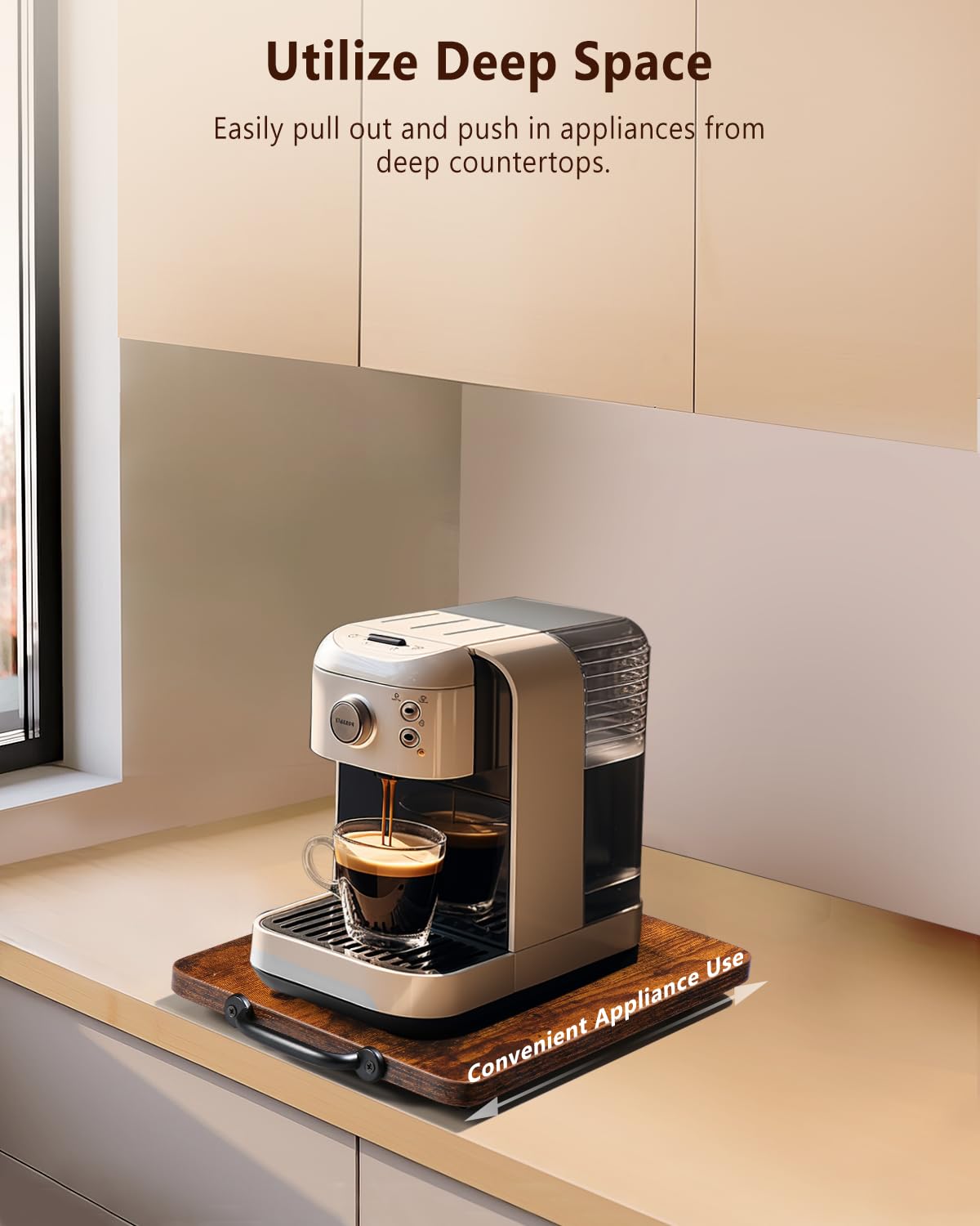 Evermagin Appliance Slider, Sliding Tray for Coffee Maker, Coffee Pot Slider Tray for Countertop, Kitchen Appliance Rolling Tray with Rubber Wheels (Rustic Brown, Medium - Long (9.5” X 13”)) Evermagin