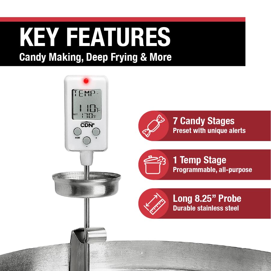 CDN Digital Candy Thermometer Long 8'' Stainless Steel Stem, Adjustable Pot Clip, Preset Candy Stages with Audio/Visual Alerts, Instant Read For Cooking, Deep Frying & Oil - DTC450 CDN