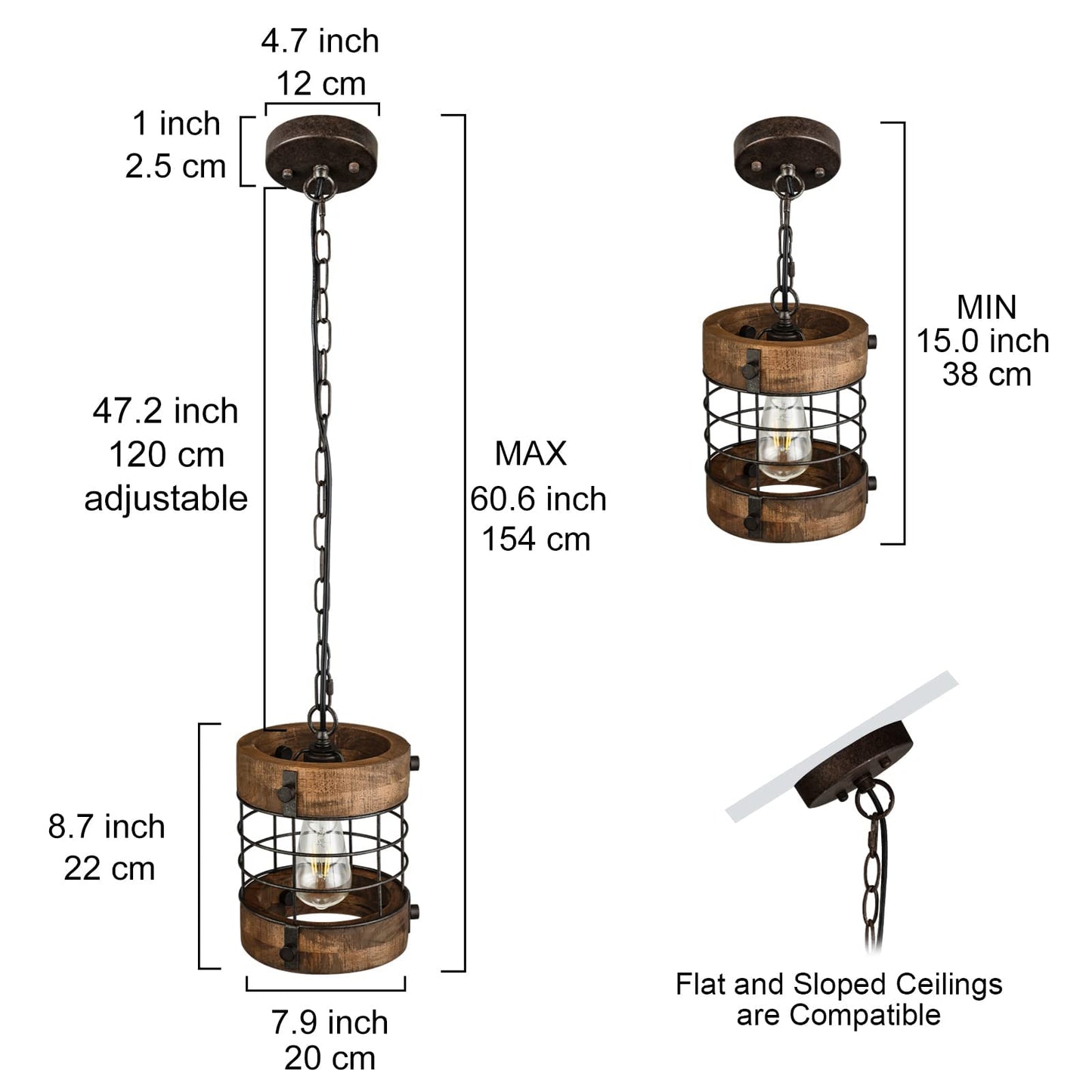 wochos Retro Industrial Metal and Wood Farmhouse Chandeliers, 1-Light Round Cage Pendant Light Fixtures for Farmhouse Kitchen Island Foyer Hallway Bar Dining Room Restaurant, Brown, 2 Pack - WoodArtSupply