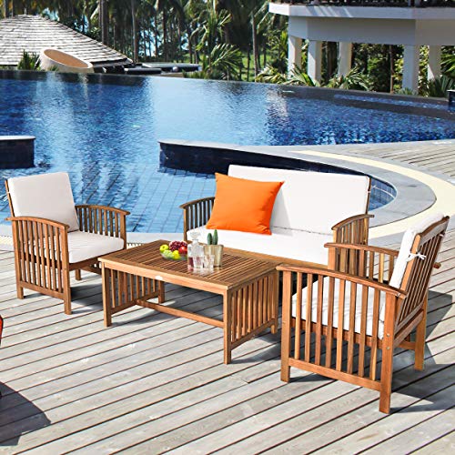 Tangkula Outdoor 4 Pcs Acacia Wood Sofa Set w/Water Resistant Cushions, Padded Patio Seating Chat Set w/Coffee Table for Garden, Backyard, Poolside (1, White) - WoodArtSupply