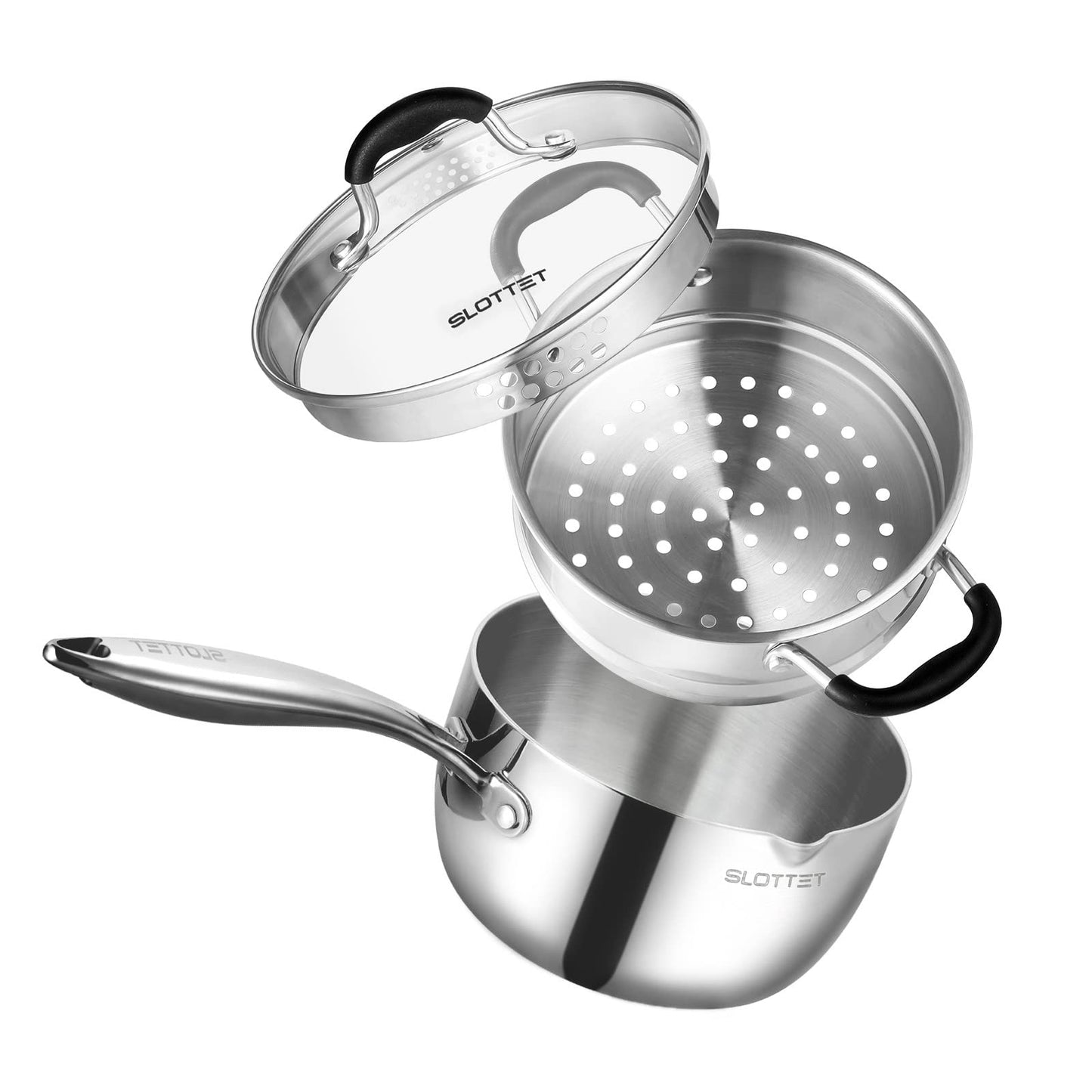 SLOTTET Tri-Ply Full Body Stainless Steel Sauce Pan with Steamer,1.5 Quart Small Multipurpose Pasta Pot with Strainer Glass Lid, Saucepan with Pour Spout for Cooking Stay-cool Handle.