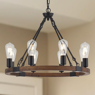 brfaixla 8 Lights 23.6'' Wooden Wagon Wheel Chandelier Farmhouse, Black Metal Ceiling Pendant Light Industrial Vintage Rustic Round Wood Chandeliers for Living Dining Room Kitchen Entryway Foyer