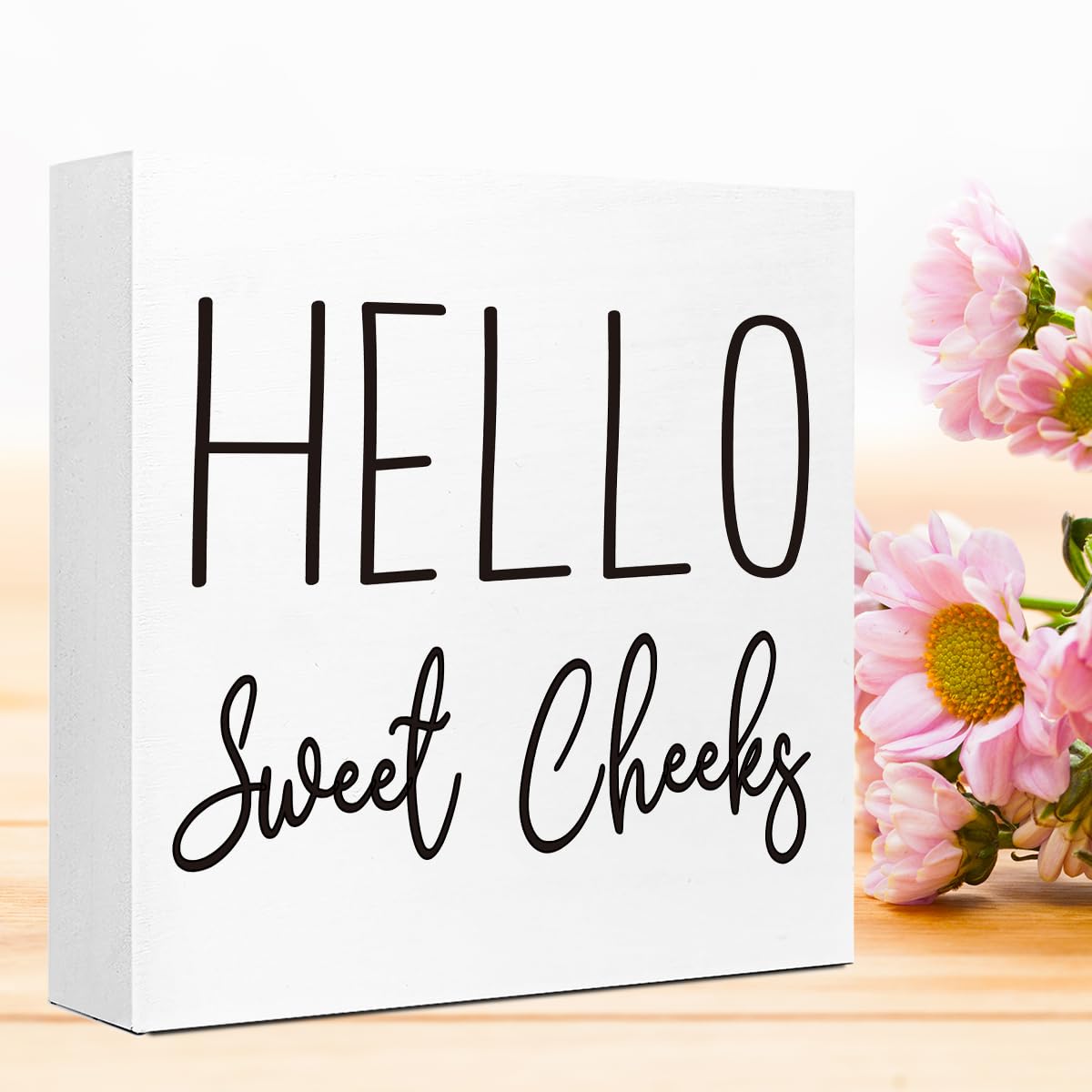 Funny Bathroom Wood Block Signs,Hello Sweet Cheeks Wooden Box Sign for Bathroom Shelf Toilet Restroom Home Tabletop Desk Decor,Rustic Bathroom Sign Decor LVQHI