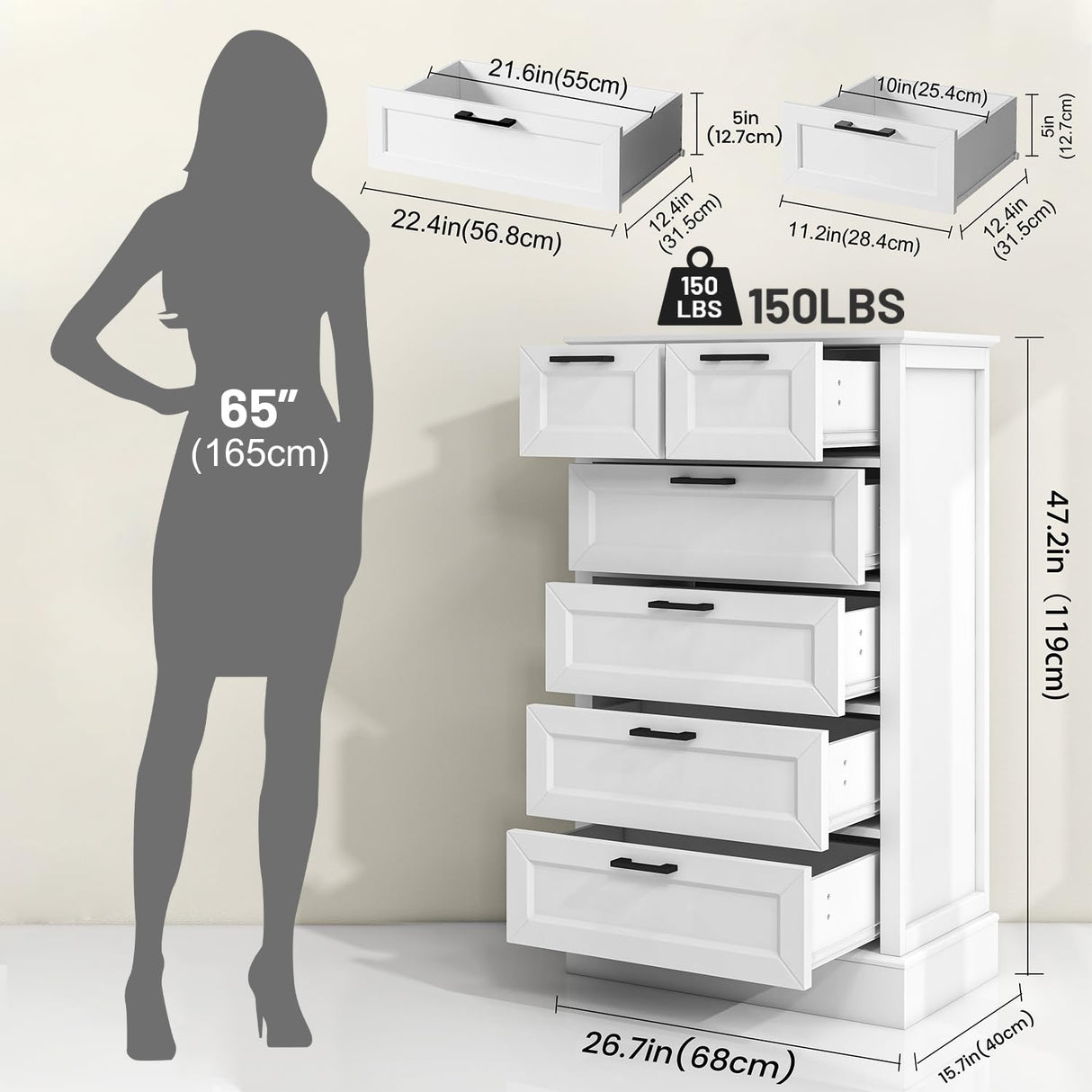 Odeekea White Dresser with 6 Drawers, Vertical Tall Dresser for Bedroom, Wood Dresser for Hallway, Living Room, Chest of Drawers for Nursery, Entryway, 47” Tall Modern Farmhouse Style Dresser ZLWJGY