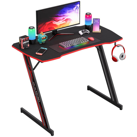 PayLessHere 39 Inch Z-Shaped Gaming Desk Computer Desk for Home Office with Headphone Hook Sturdy Workstation Table with Spacious Desktop,Red PayLessHere