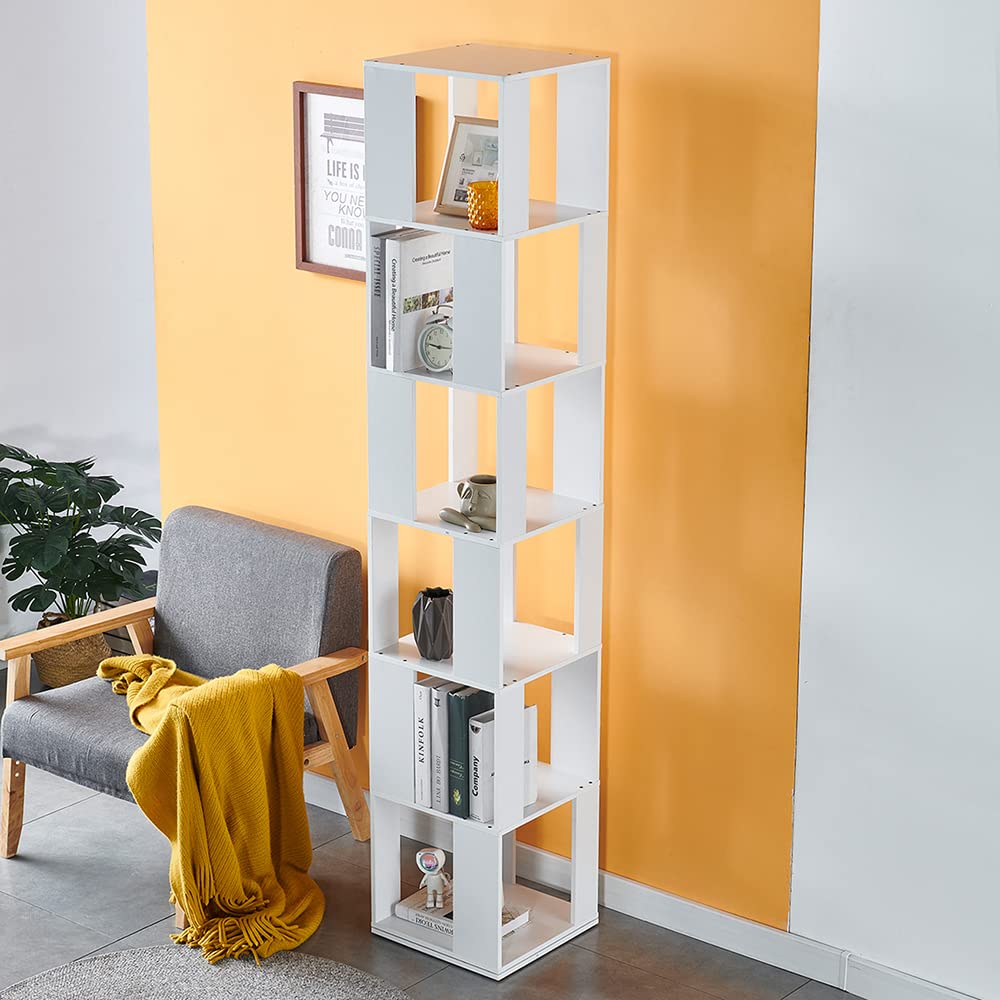 RVEE 360° Rotating White 6-Tier Corner Bookshelf for Home and Office - WoodArtSupply